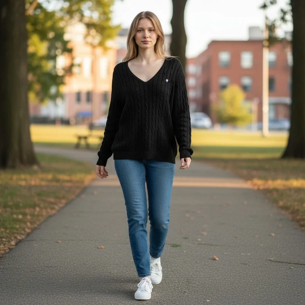 Chaps Womens 1X Black Cotton Cable Knit V-Neck Long Sleeve Sweater